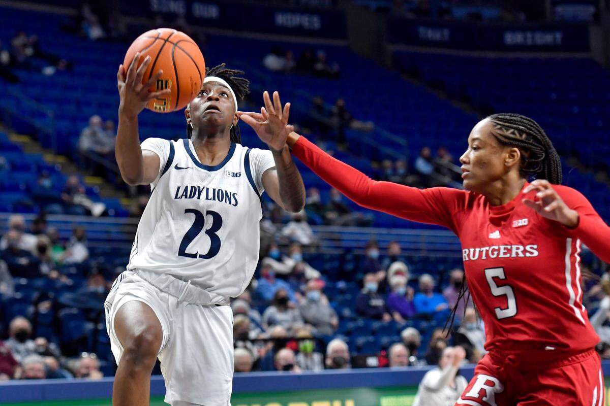 Penn State’s Shay Hagans goes in for a basket ahead of Rutgers’ Victoria Morris during the game on Thursday.