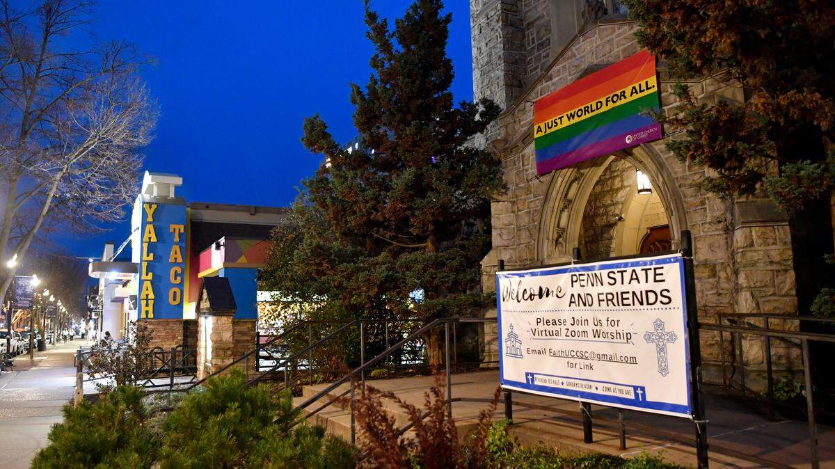 The Faith United Church of Christ on College Avenue in downtown State College, pictured in December 2020, was recently targeted by a group spewing hate speech because of the Pride flag on the church, the Rev. Jes Kast said.