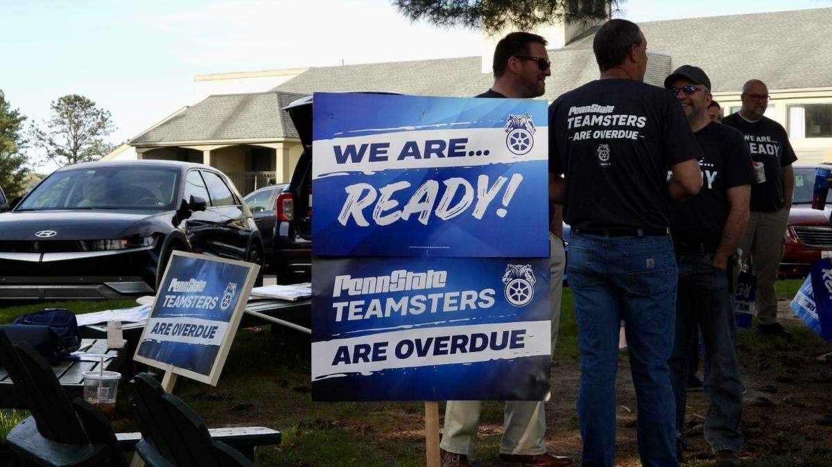 About 50 members of the Teamsters Local Union 8 gathered before they began negotiations with Penn State on May 2.