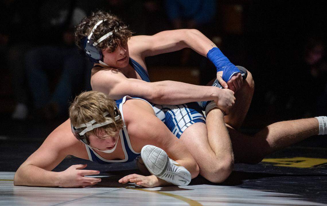 Bald Eagle Area’s Caleb Close controls Penns Valley’s Hunter Lyons in the 189 lb bout of the District 6 2A team quarterfinals on Tuesday, Feb. 1, 2022. Close won by decision, 6-0.