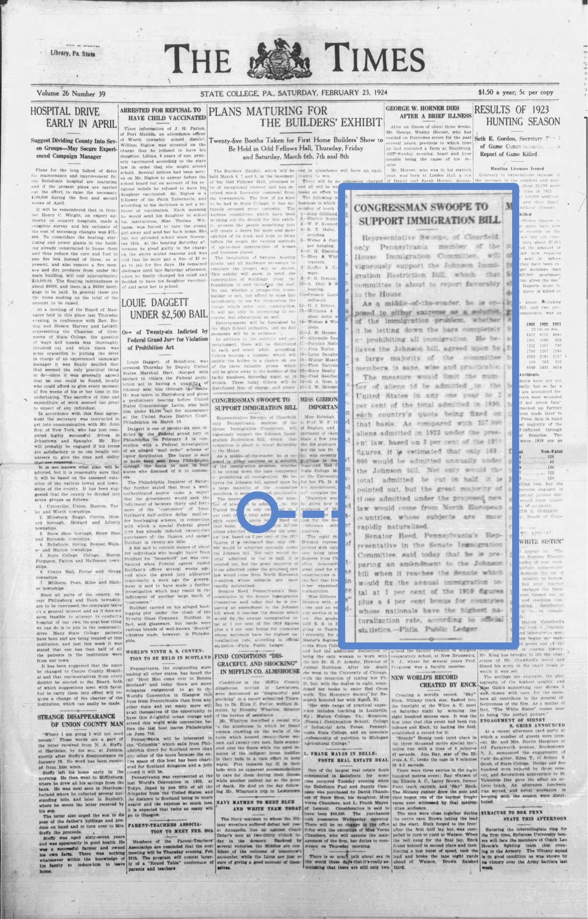 The Feb. 23, 1924, issue of the State College Times, now known as the Centre Daily Times, included a story about the local congressman’s support of a restrictive immigration bill.