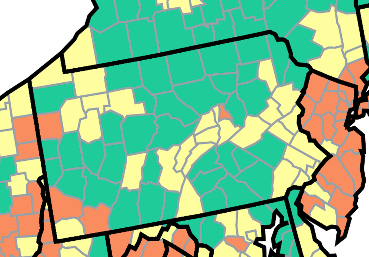 This U.S. Centers for Disease Control and Prevention map shows Pennsylvania COVID-19 community levels as of July 25, 2022. The orange counties are at high, the yellow at medium and the green at low.