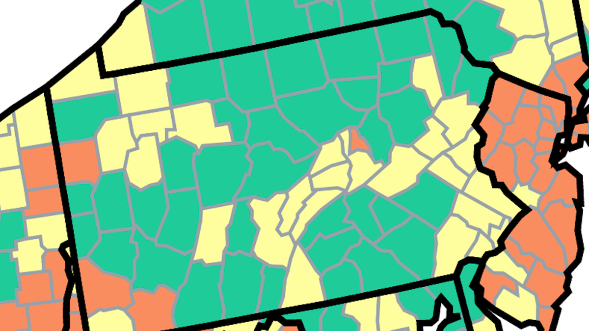 This U.S. Centers for Disease Control and Prevention map shows Pennsylvania COVID-19 community levels as of July 25, 2022. The orange counties are at high, the yellow at medium and the green at low.