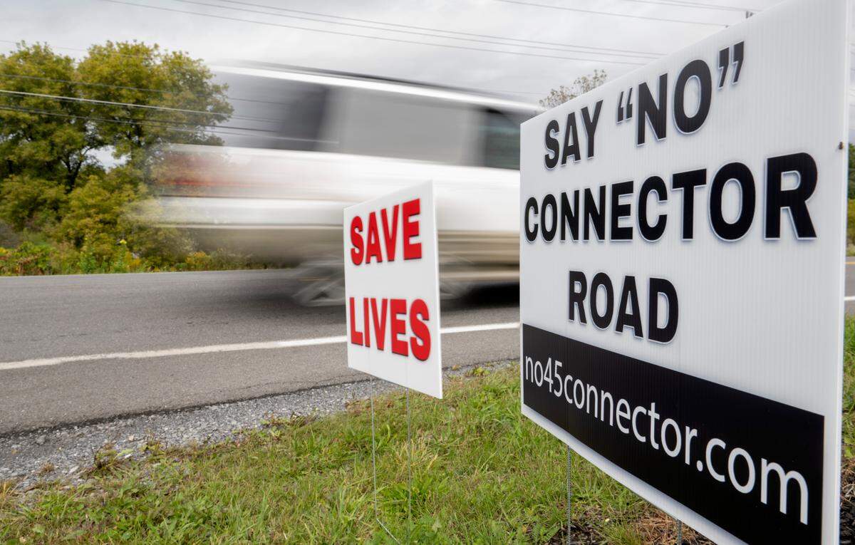 Traffic travels along state Route 45 in Potter Township, where residents are starting to put out signs opposing a connector road with U.S. Route 322. 