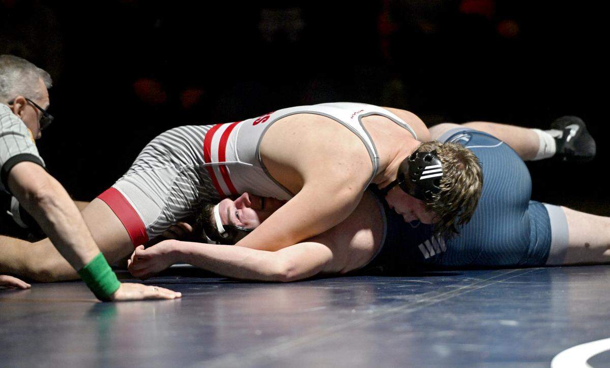 Bellefonte’s Logan Rarrick controls Penns Valley’s Landon Hess in the 285 lb bout of the wrestling match on Thursday, Jan. 16, 2025. Rarrick won by fall at 5:31.