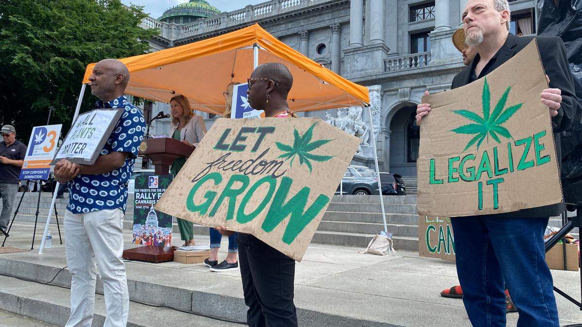 Supporters of legalizing cannabis for adult use rally outside the state Capitol in Harrisburg.