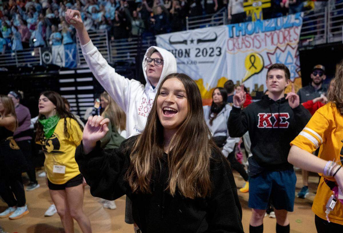 Dancer from Tri Sig Hannah Dowdy does the line dance during the Penn State IFC/Panhellenic Dance Marathon on Saturday Feb. 18, 2023 at the Bryce Jordan Center.