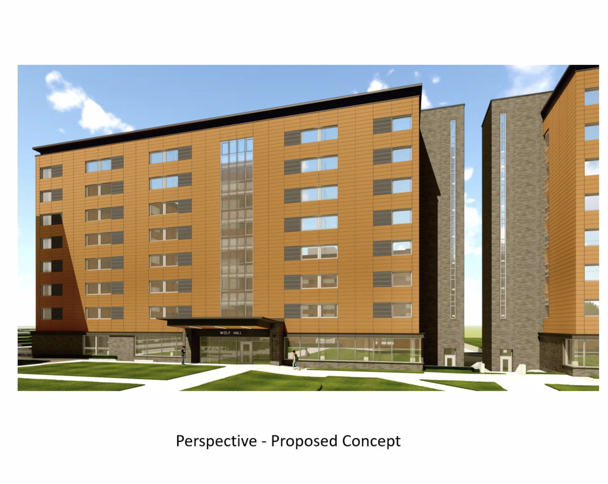 A screenshot of HRG’s presentation to the State College borough’s Design Review Board shows the proposed concept of Penn State’s Pollock Halls Renovation Project.