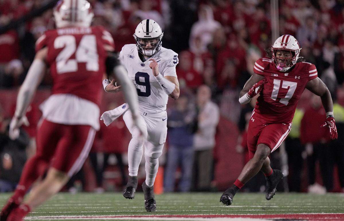 Penn State quarterback Beau Pribula (9) runs for a first down during the third quarter of their game Saturday, October 26, 2024 at Camp Randall Stadium in Madison, Wisconsin. Penn State beat Wisconsin 28-13.