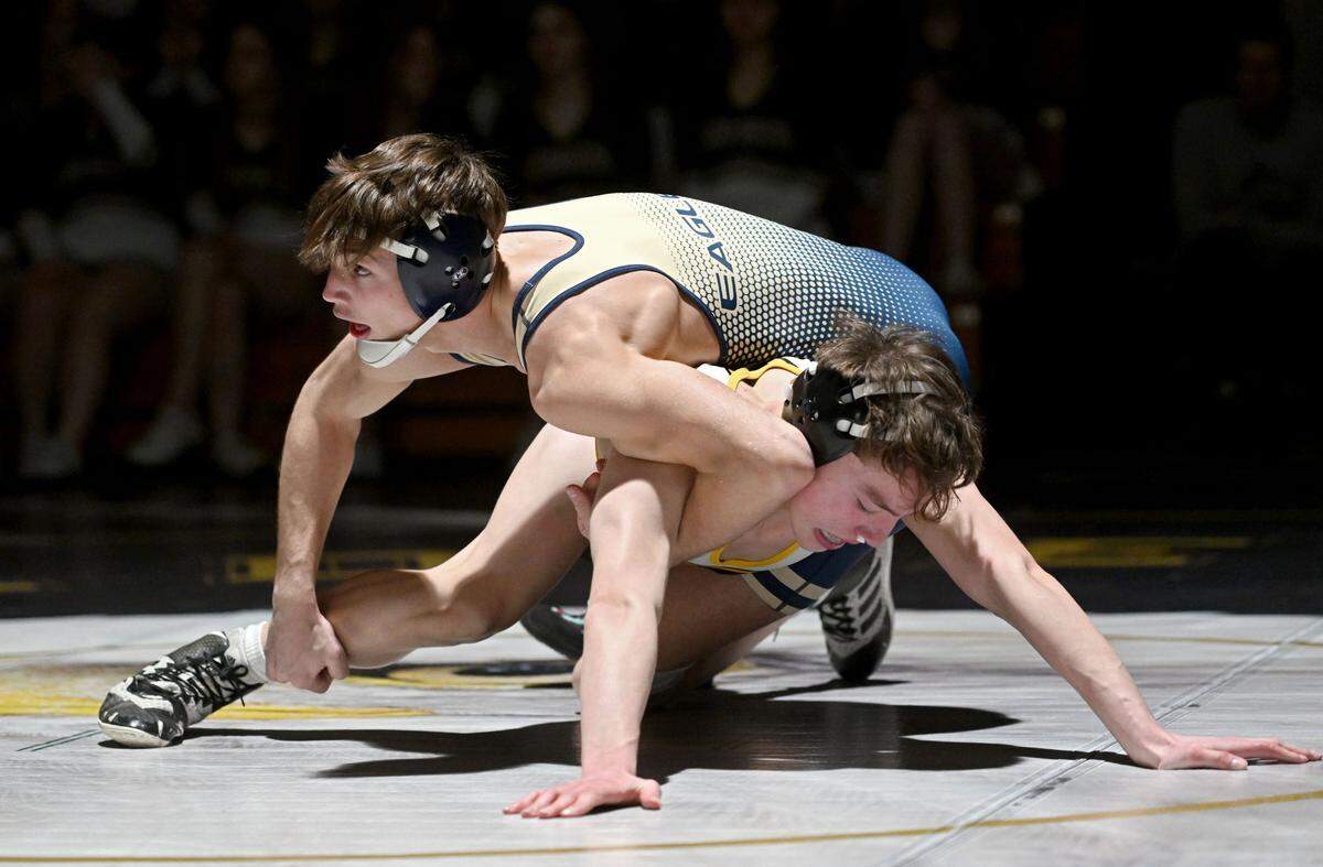 Bald Eagle Area’s Mason Reese controls Quaker Valley’s Matthew Danna in the 145 lb bout of the match on Monday, Feb. 5, 2024.