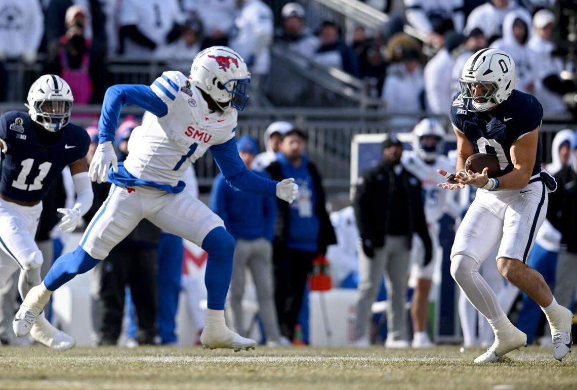 Penn State linebacker Dominic DeLuca intercepts a pass meant for SMU’s Brassard Smith during the game on Saturday, Dec. 21, 2024 at Beaver Stadium.