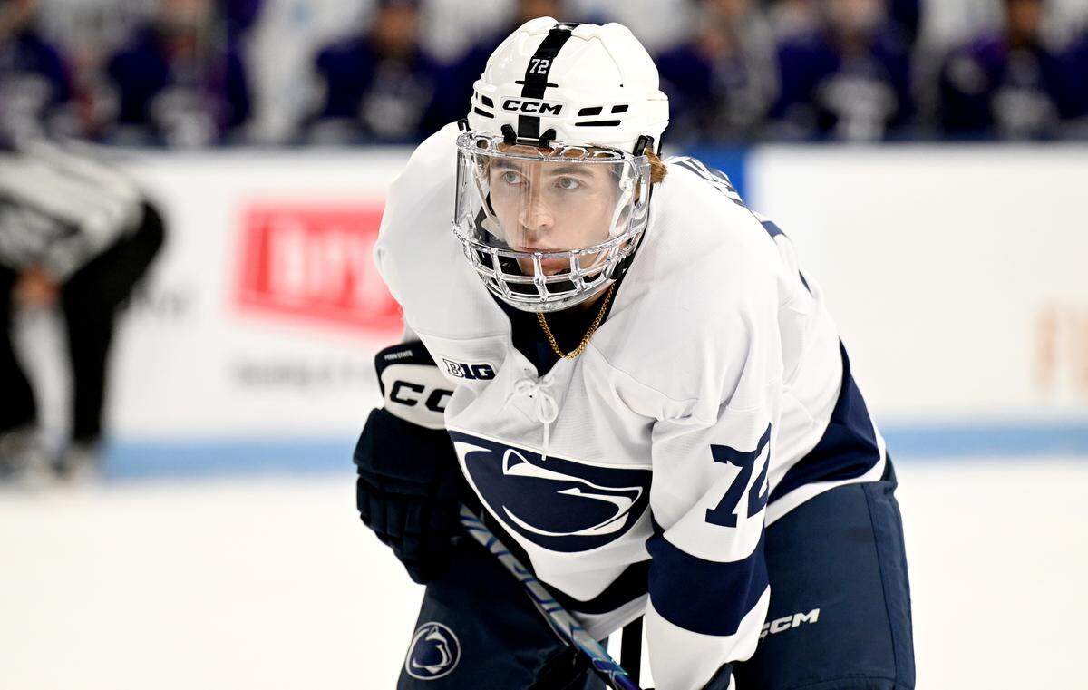 Penn State forward Gavin McKenna sets up for a face-off during the game against Stonehill on Oct. 24.