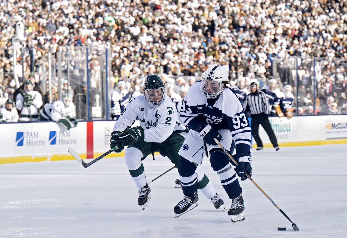 Penn State's Shea Van Olm shoots for a goal during the third period of the game against Michigan State on Saturday, Jan. 31, 2026 at Beaver Stadium.