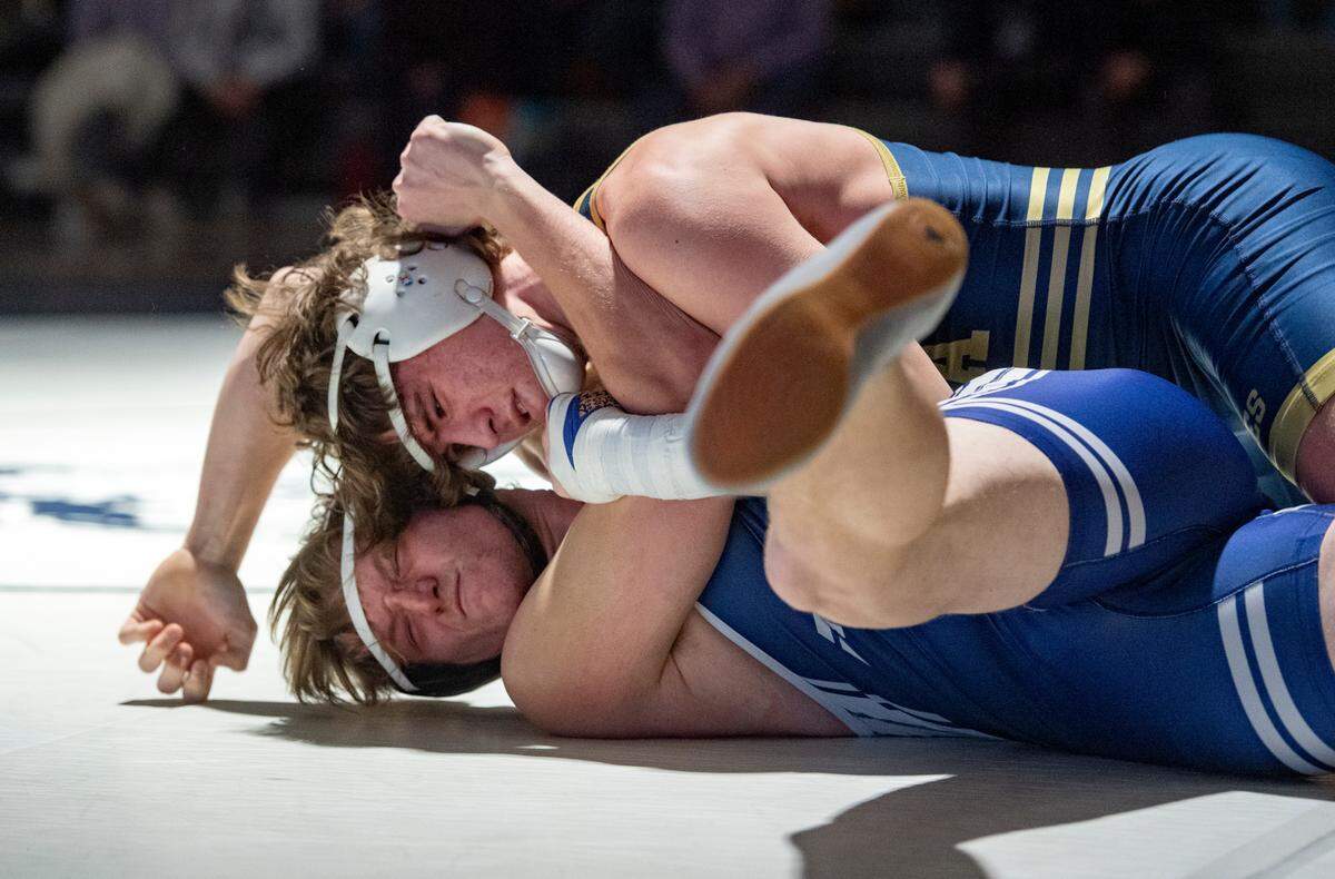 Bald Eagle Area’s Noah Foltz pins Penns Valley’s Josh Spahr in the 215 lb bout of the match on Wednesday, Jan. 12, 2022.