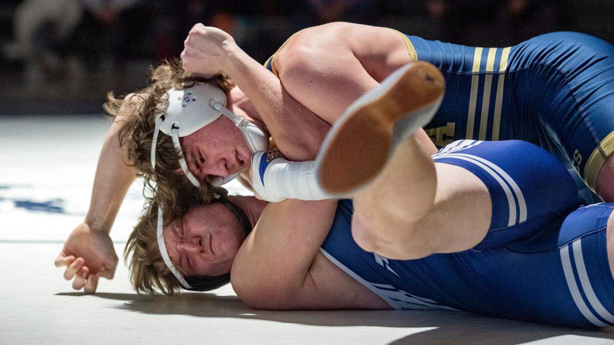 Bald Eagle Area’s Noah Foltz, pictured here in a dual on Jan. 12, enters his final postseason as one of three Eagles wrestlers as the No. 1 seed at their weight for the District 6 Class 2A Championships.