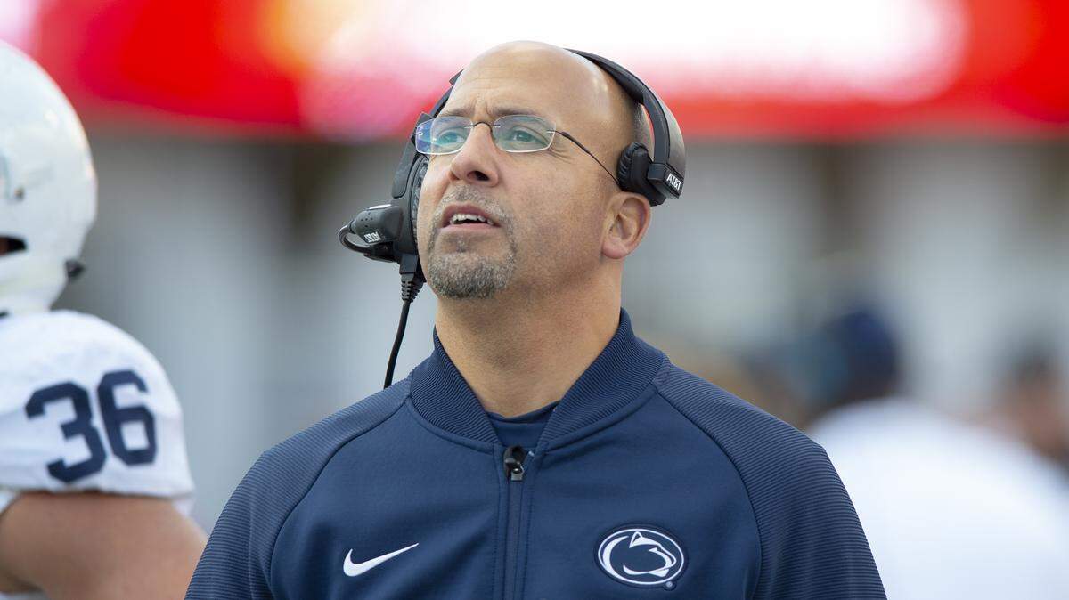 Penn State head coach James Franklin watches a replay on the stadium screen during the second half of an NCAA college football game Saturday, Oct. 20, 2018, in Bloomington, Ind. Penn State won 33-28. (AP Photo/Doug McSchooler)