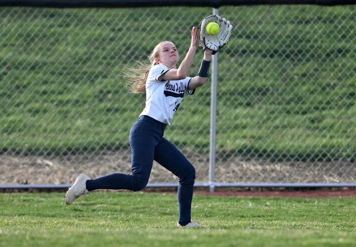 Penns Valley’s Scotty Dinges makes a catch in center field during the game against Bellefonte on Tuesday, April 4, 2023.