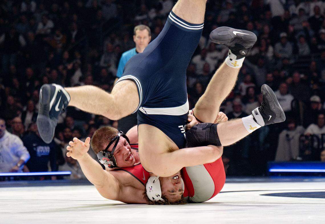 Penn State's Cole Mirasola wrestles Ohio State’s Nick Feldman in the 285 lb bout of the match on Feb. 13 at the Bryce Jordan Center.