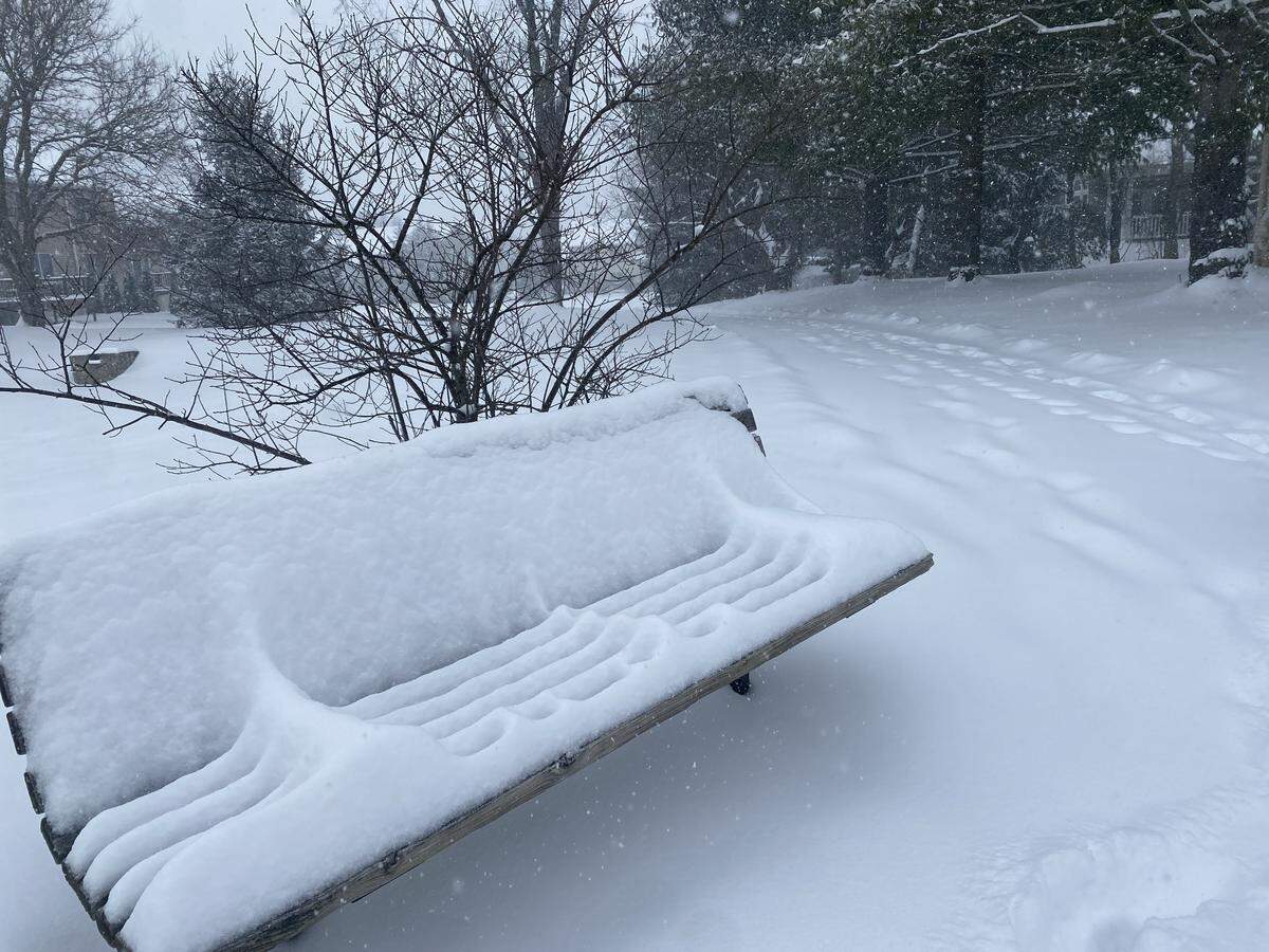 A snow-covered bench in Ferguson Township is pictured on Sunday morning.