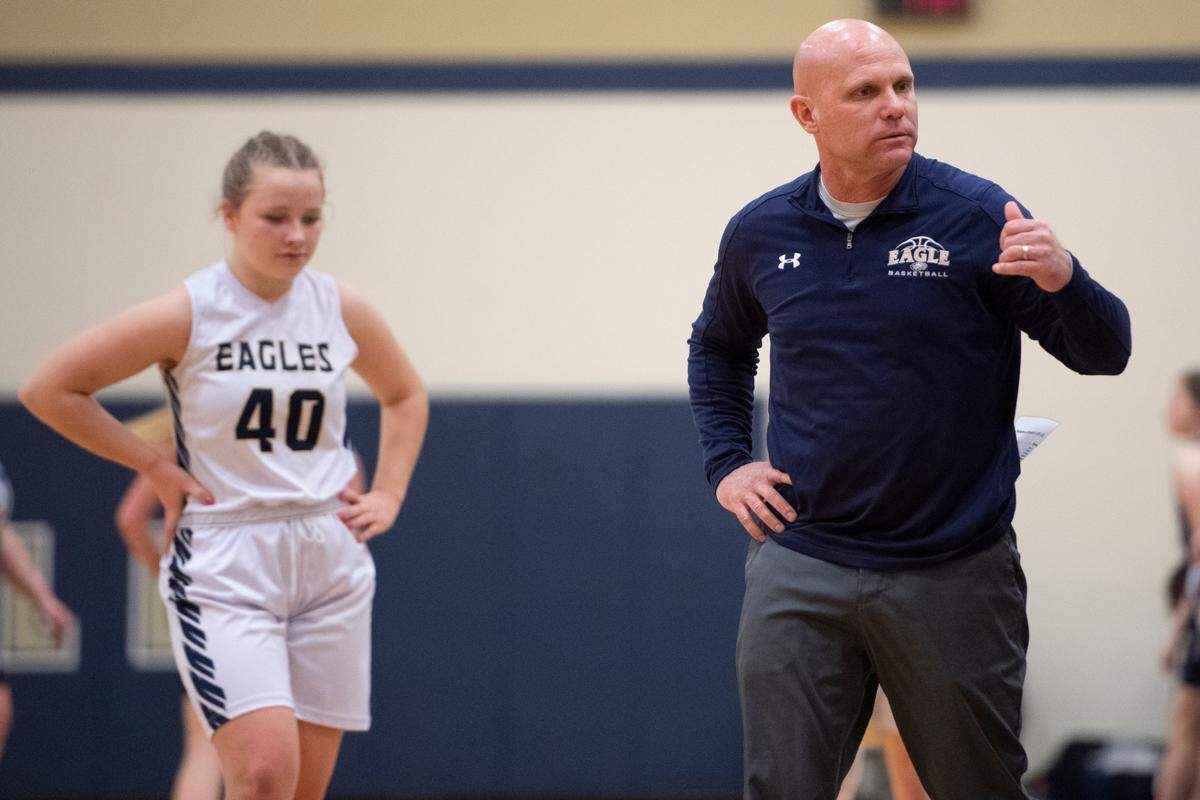 Bald Eagle head coach Shawn Thompson speaks to his players during a game against Philipsburg-Osceola on Thursday.