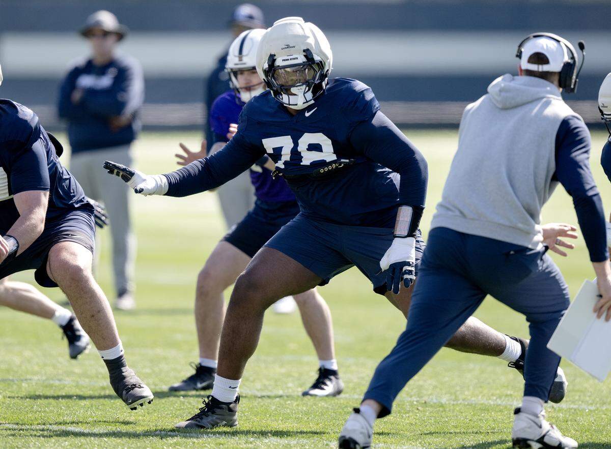 Penn State offensive lineman Malachi Goodman runs a drill during practice on Thursday, April 9, 2026.  