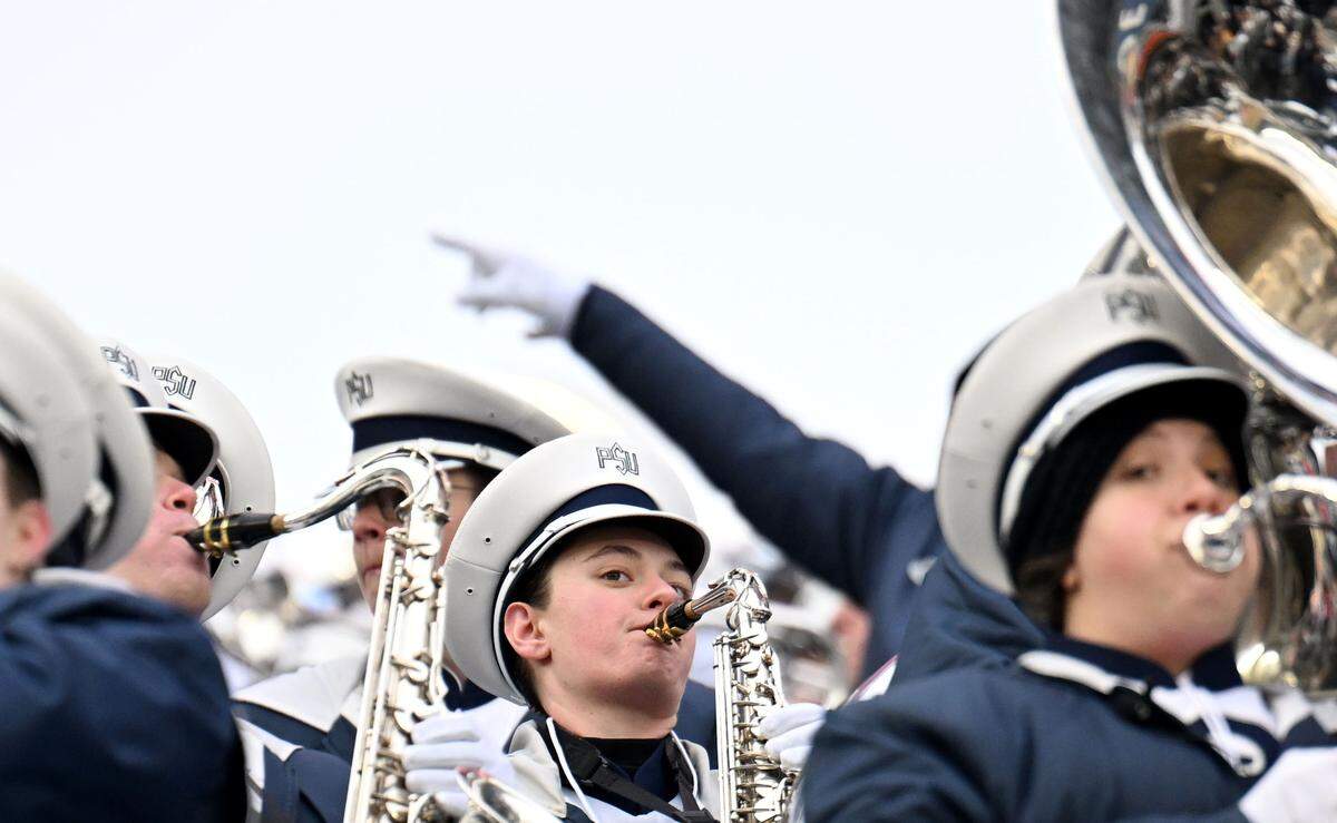 The Penn State Blue Band pumps up the crowd during the Pinstripe Bowl at Yankee Stadium on Saturday, Dec. 27, 2025.  