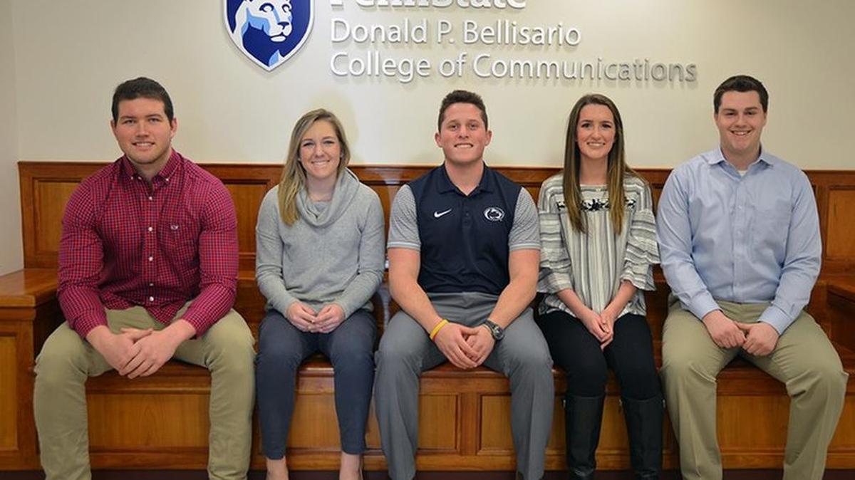 From left: Penn State students Marty Kassalen, Kaitlin Kemmerer, Alex Sheinman, Jill Beckman and Brandon Pelter were selected as interns for this year’s Super Bowl.
