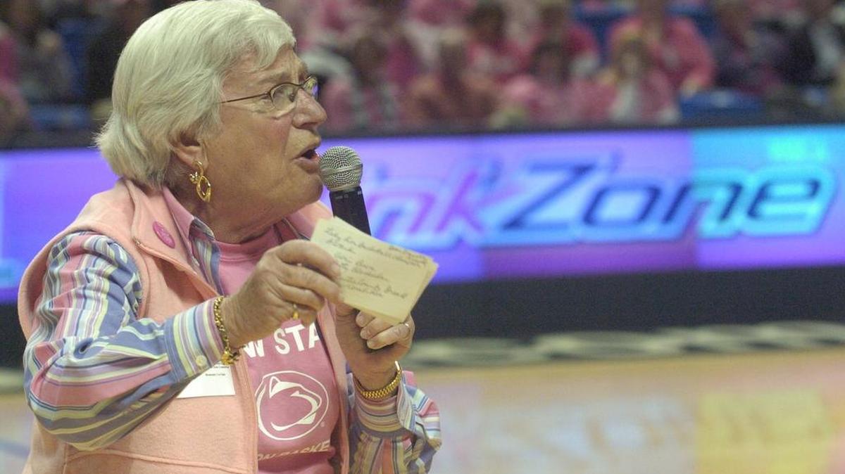 Mimi Coppersmith Fredman, a breast cancer survivor, addresses the crowd at halftime of the Lady Lions basketball game against Illinois during the Pink Zone game on . 24, 2010.