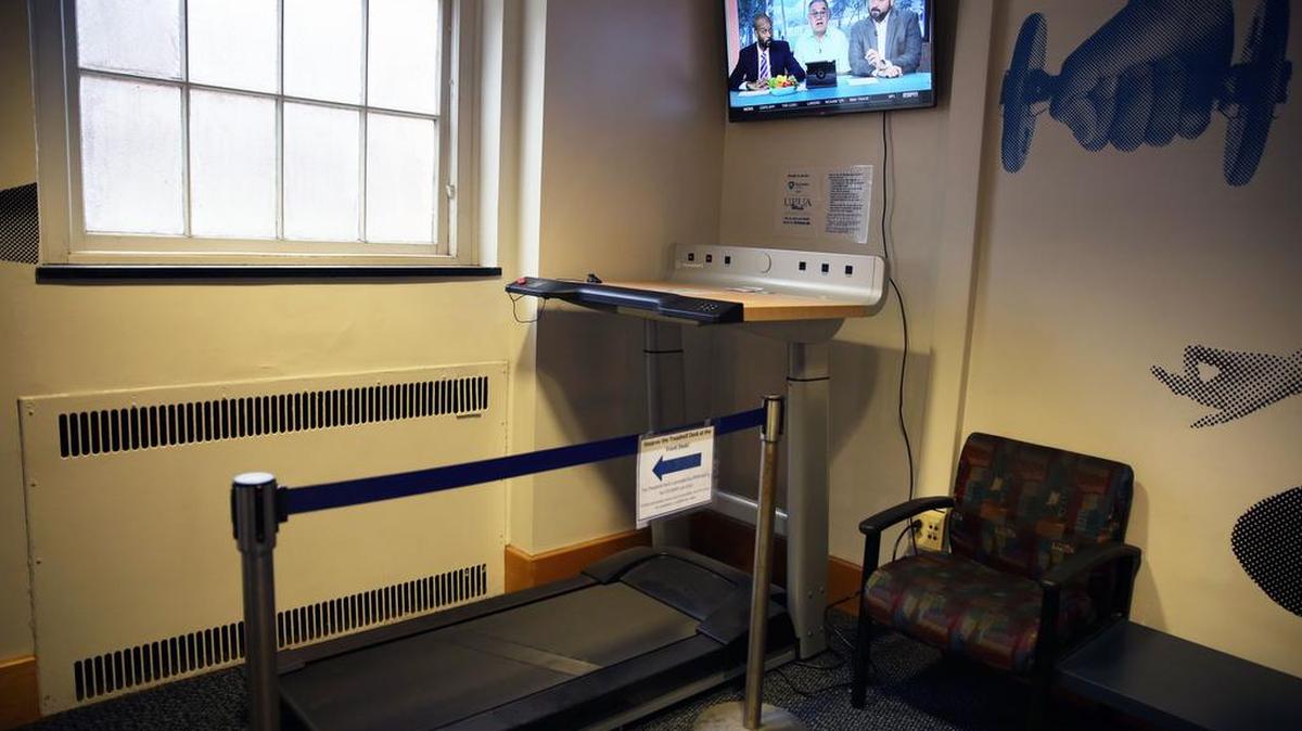 Two treadmill desks have been added to the area just outside of the White Building Fitness Center at University Park.