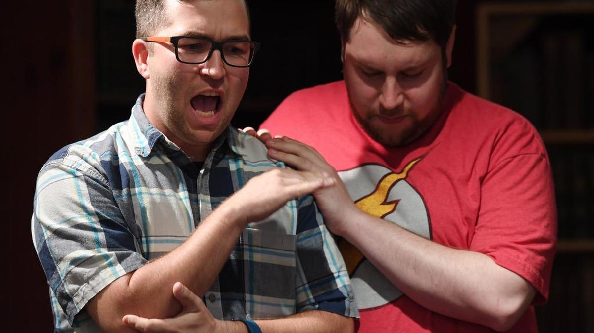 James Tierney, left, and Nathan Rufo of Happy Valley Improv group perform in September 2017 during a dress rehearsal at Webster’s Bookstore Cafe.