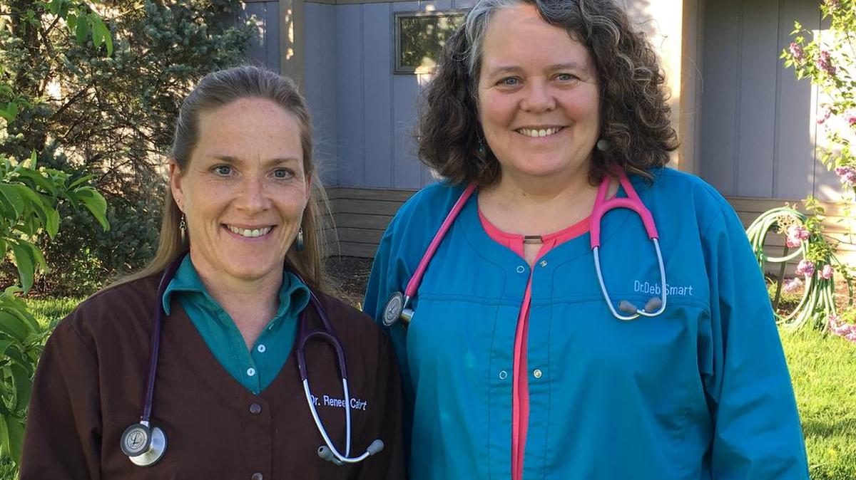 Centre Animal Hospital veterinarians Dr. Renee Calvert, left, and Dr. Debra Smart pose outside of the State College facility.