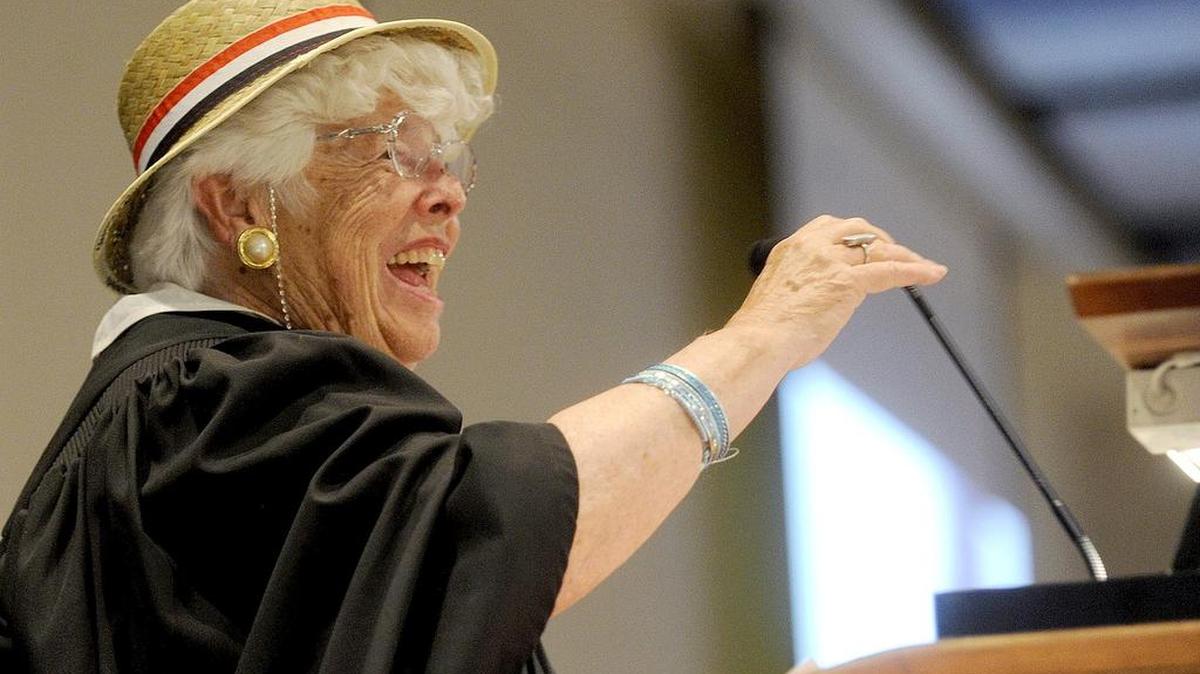 Maralyn Mazza is honored as the graduates presented her with a skimmer hat in memory of her husband, Paul, during the South Hills School of Business and Technology Commencement on June 28, 2013 at the Penn Stater Hotel.