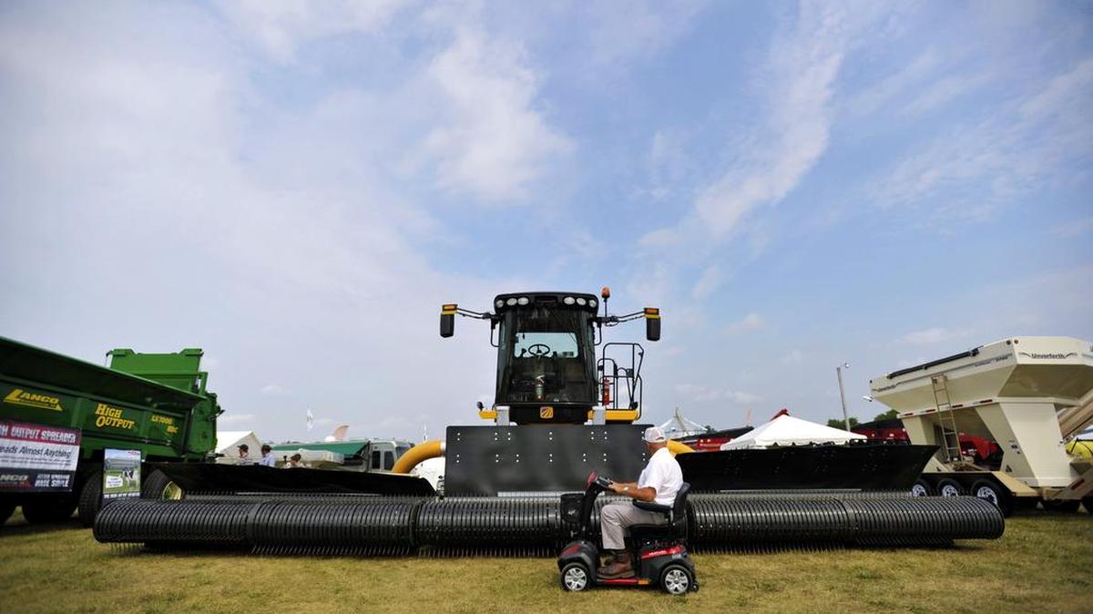 Bill Freese of Oxford looks at an oxbo hay merger during Ag Progress Days in 2015.
