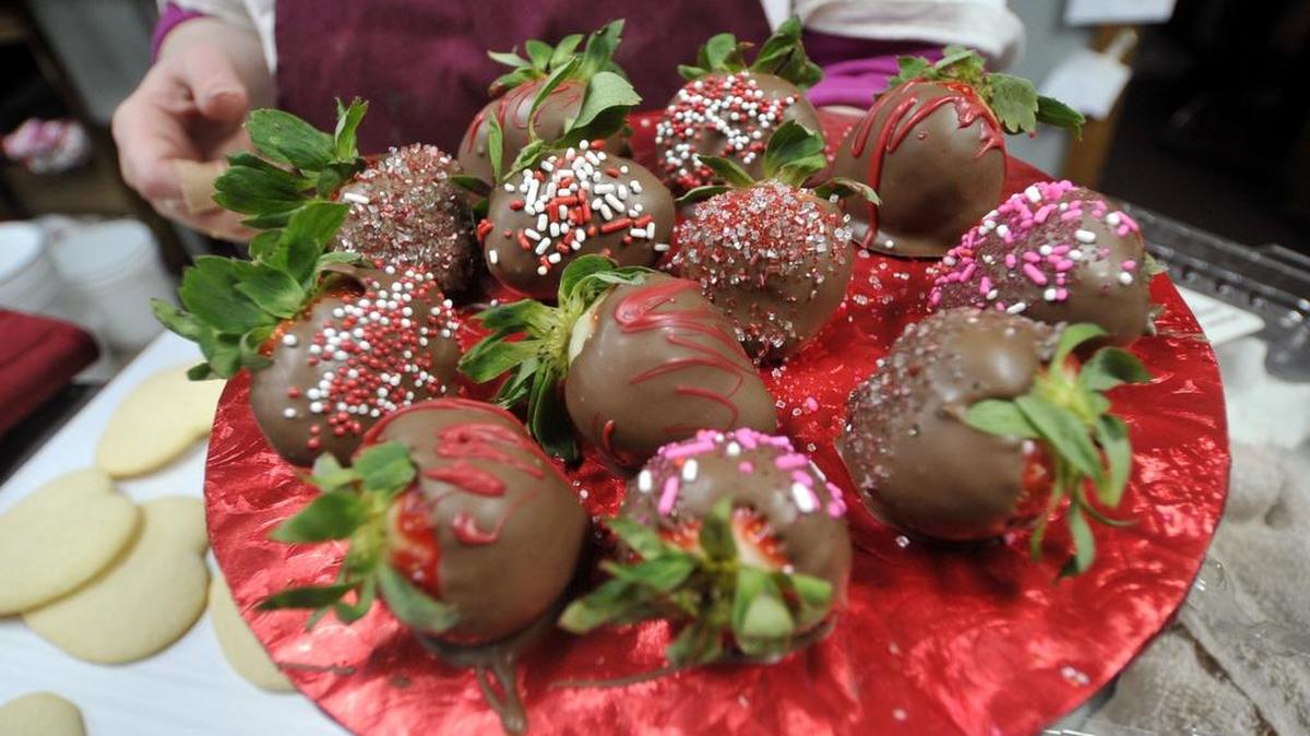 Chocolate covered strawberries are one Valentine’s Day option at Sweet Tooth Bakery.