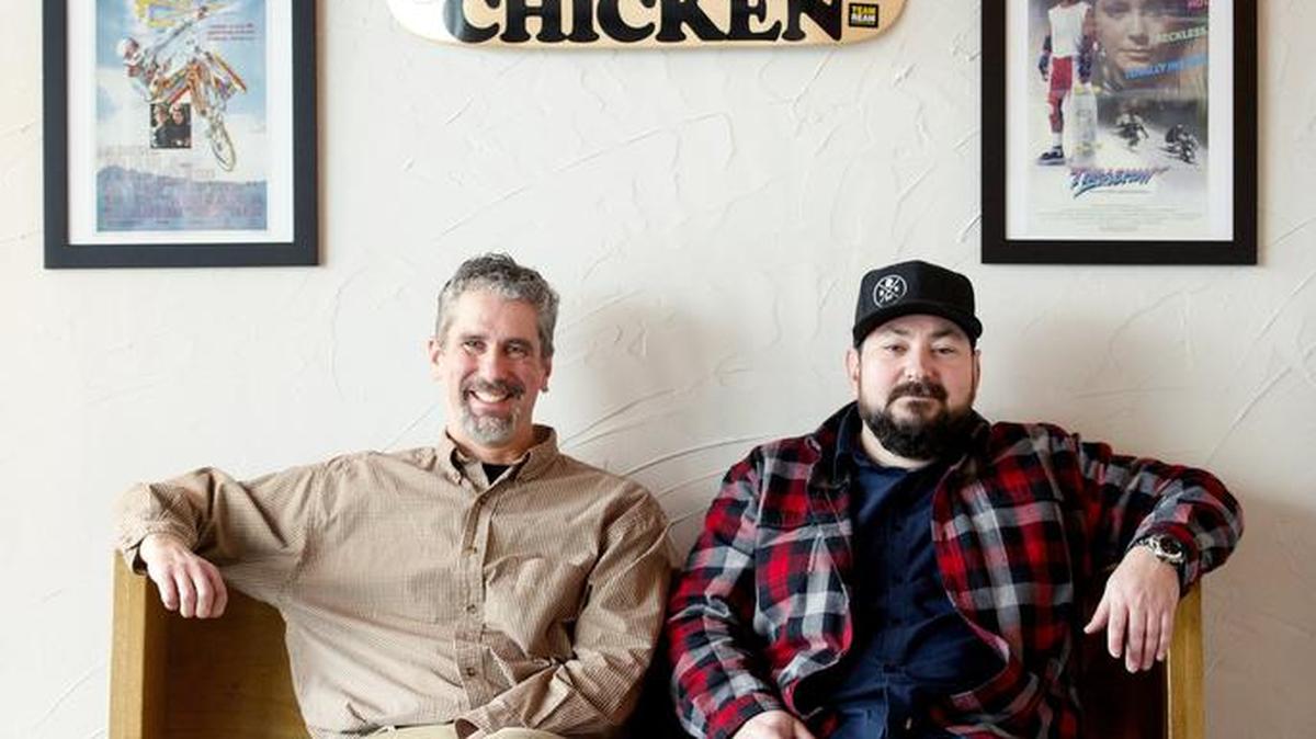 Patrick Donaghy and Paul Madrid, owners of My My Chicken, sit in the Westerly Parkway restaurant on Jan. 14.