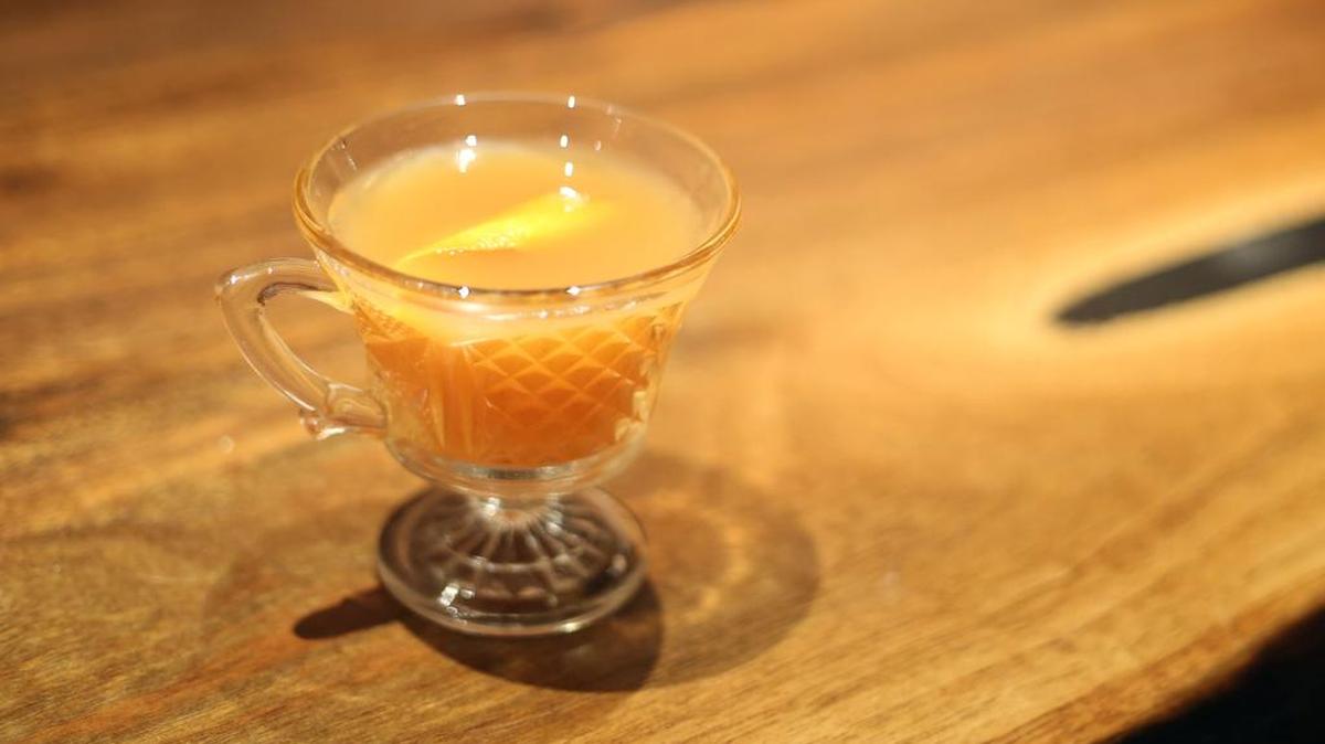 A hot, mulled, whiskey cider is is presented as the welcome drink for the Dec. 4 five-course Chef’s Tasting Menu at Big Spring Spirits.