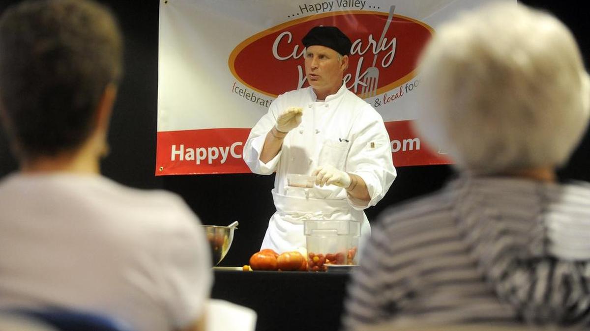 Harrison Schailey, chef at Harrison’s Restaurant, demonstrates how to make gazpacho during a Happy Valley Culinary Week event in 2013.