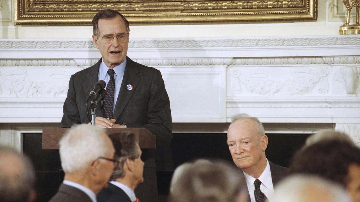 U.S. President George H. Bush, pictured at the White House in 1990, visited Penn State on Sept. 24, 1992 during his re-election campaign.