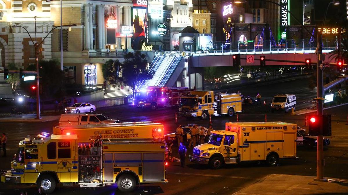 Las Vegas police and emergency vehicles gather after a deadly shooting at a music festival Oct. 1 on the Las Vegas Strip.