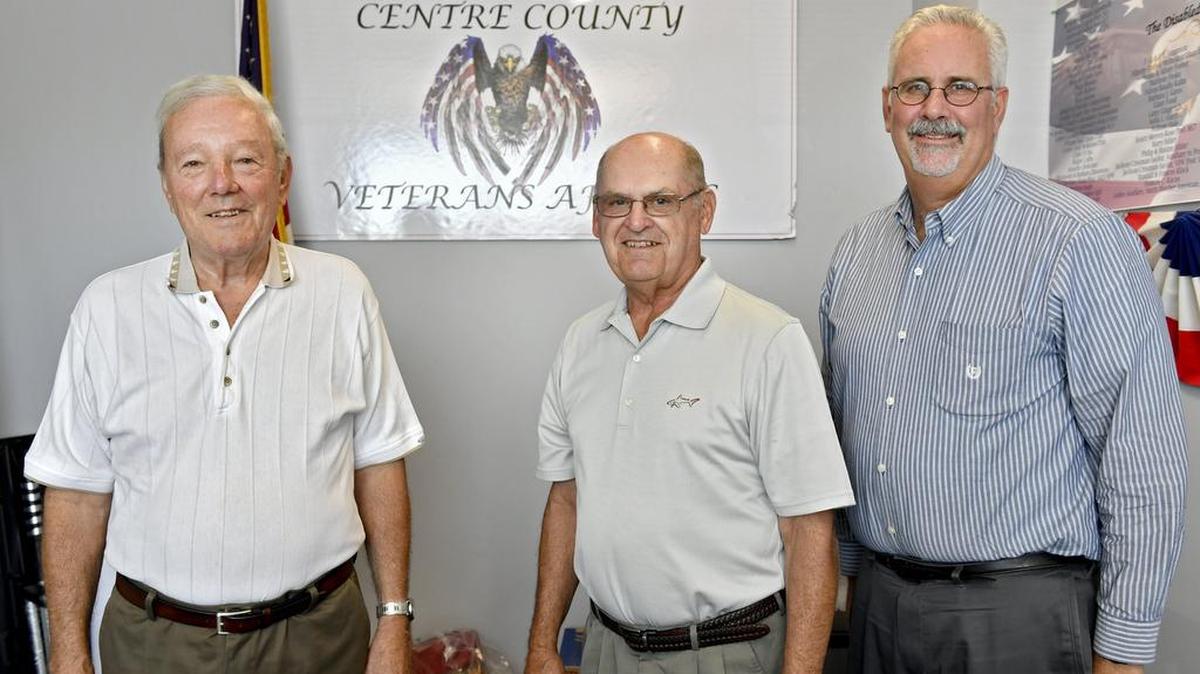From left: Veterans Service Committee co-chairs Vernon Crawford and John McKinley pose with member Brian Querry in the Willowbank Building in Bellefonte.