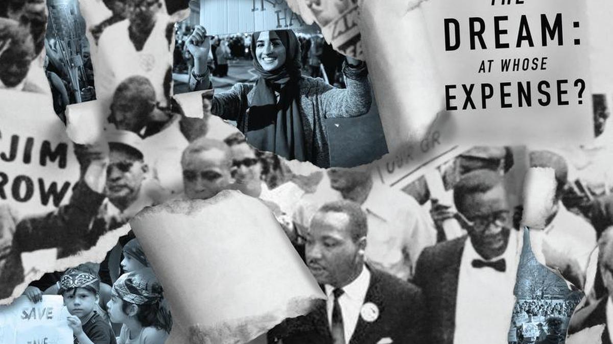 Addie Ruston, a senior in Penn State’s graphic design program, drew heavily on images in the news and media to create the poster for the school’s Martin Luther King Jr. Commemoration Week. This year’s theme is “Deconstructing the Dream: At Whose Expense?”
