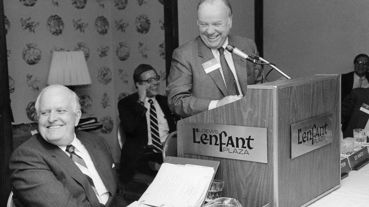 An archive photo shows Bill Schreyer, right, with then-Penn State President Bryce Jordan.