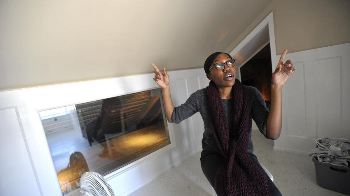 Mudiwa Pettus shows where she is going to install plaques on the ceiling with information she wrote about the Underground Railroad. The Bellefonte Art Museum is constructing a new permanent exhibit called “The Underground Railroad a Journey to Freedom” about the portion of the Underground Railroad network that existed in Bellefonte.