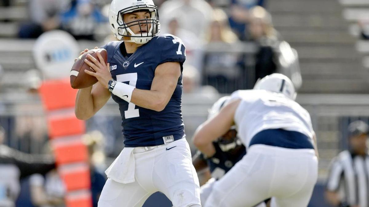 Penn State quarterback Jake Zembiec looks to make a pass during the Penn State Blue-White Game on Saturday, April 21, 2018.