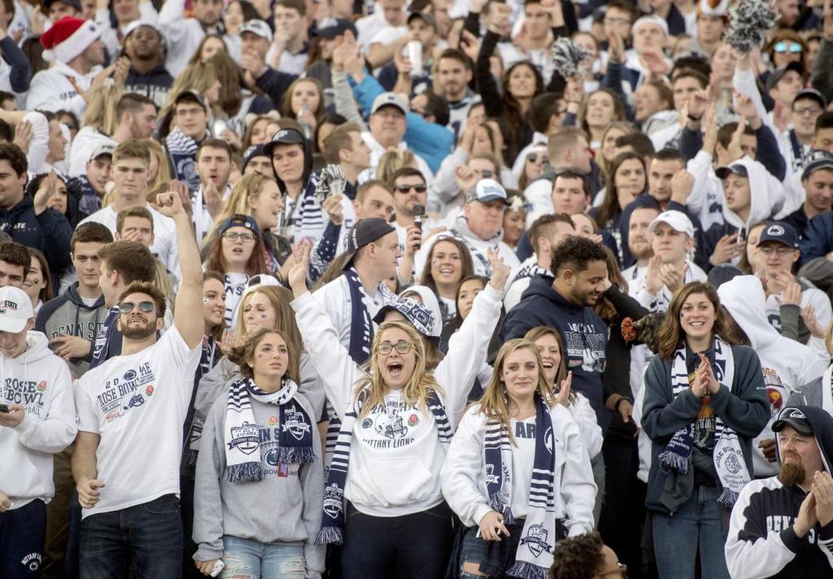 The Penn State student section celebrates a touchdown during the 2017 Rose Bowl against USC on Monday, January 2, 2017. For some Penn State fans on the West Coast, that was the last time they were able to watch the Nittany Lions in-person.