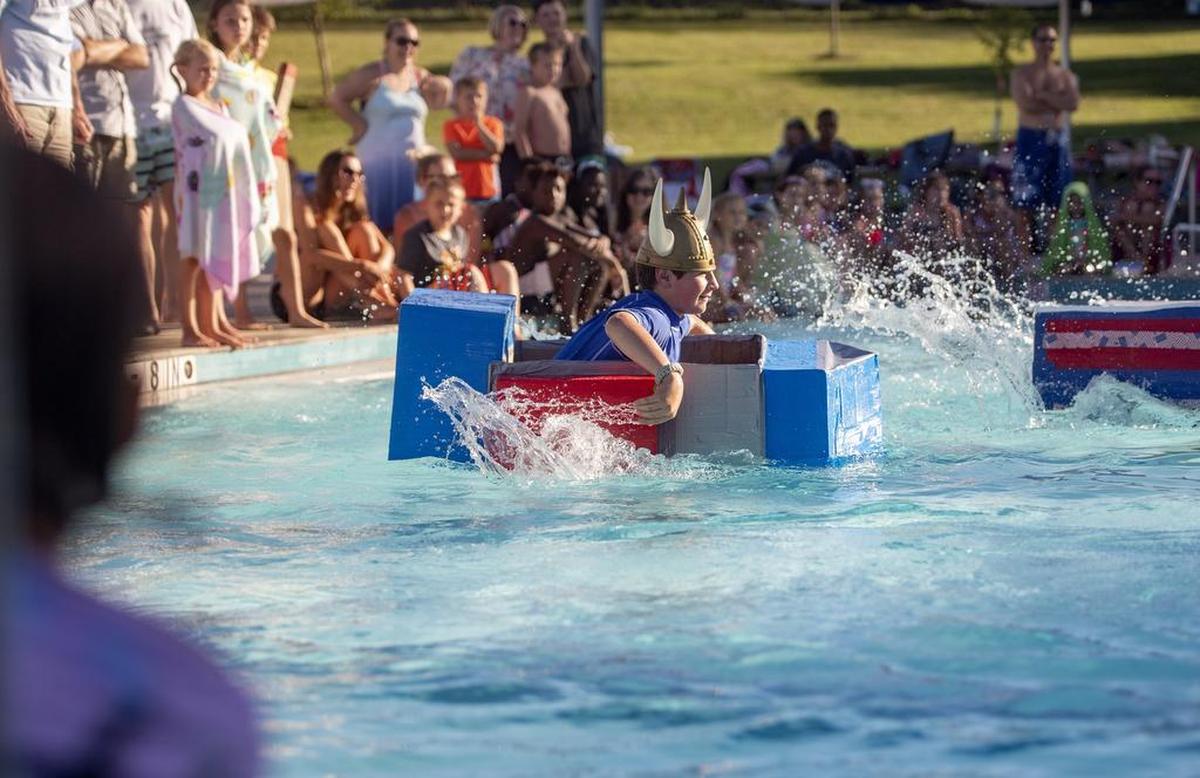 Fans lined the pool deck to cheer on the 39 boats in the first-ever Welch Pool Cardboard Regatta race in 2018.