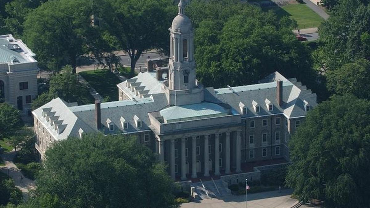 Aerial photograph of the Penn State University Old Main Building. June 18, 2002
