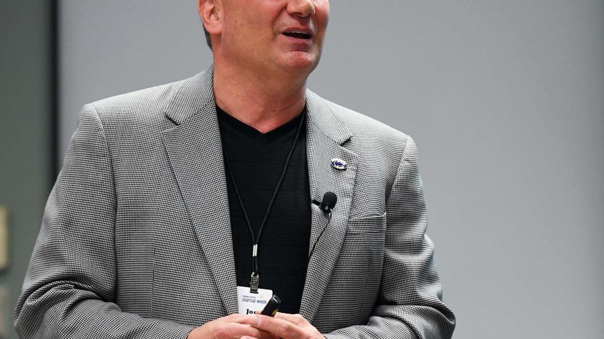 Joe Battista speaks at Penn State during Startup Week on April 17 at the Information Sciences and Technology Building.