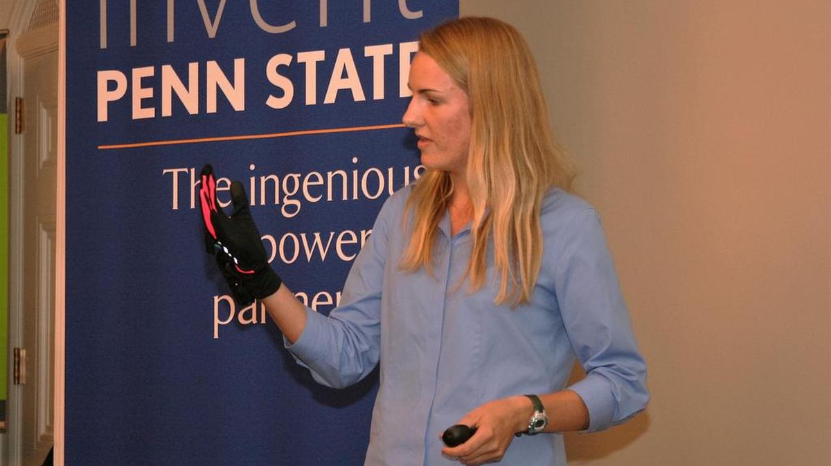 Mary Elizabeth McCulloch, CEO and Founder of Project Vive, pitches the judges her voice speech assistance technology during Penn State’s Summer Founders Program last summer. The start-up is one of six to be included in Happy Valley LaunchBox’s inaugural cohort.
