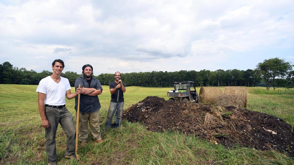 From left, Chris Hollobaugh, Brandon Hosterman and Ben Jones of Three For All Farm stand for a portrait on Tuesday in Warriors Mark.